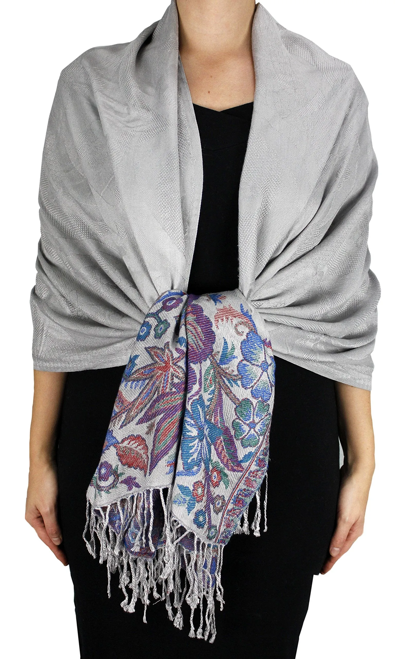Peach Couture Exclusive Paisley Floral Border Reversible Pashmina Wrap Shawl