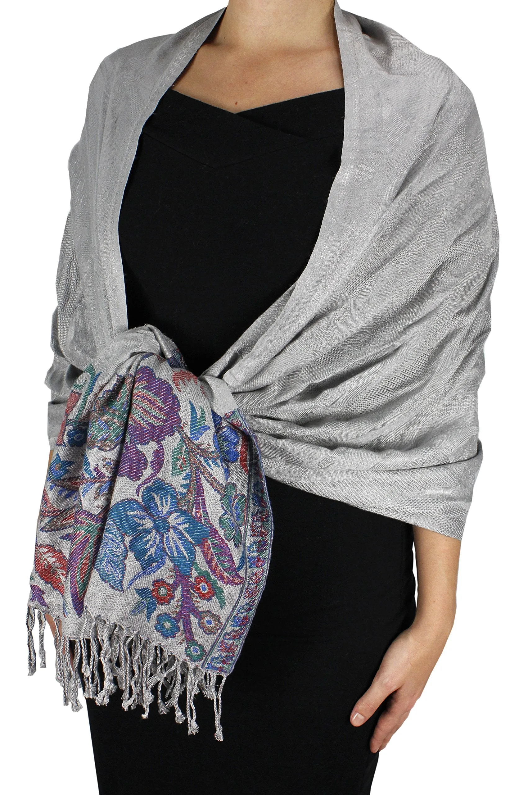 Peach Couture Exclusive Paisley Floral Border Reversible Pashmina Wrap Shawl
