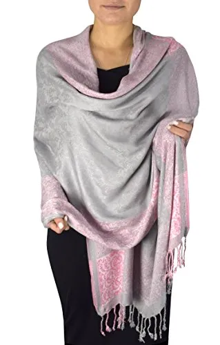 Peach Couture Exclusive Paisley Floral Border Reversible Pashmina Wrap Shawl