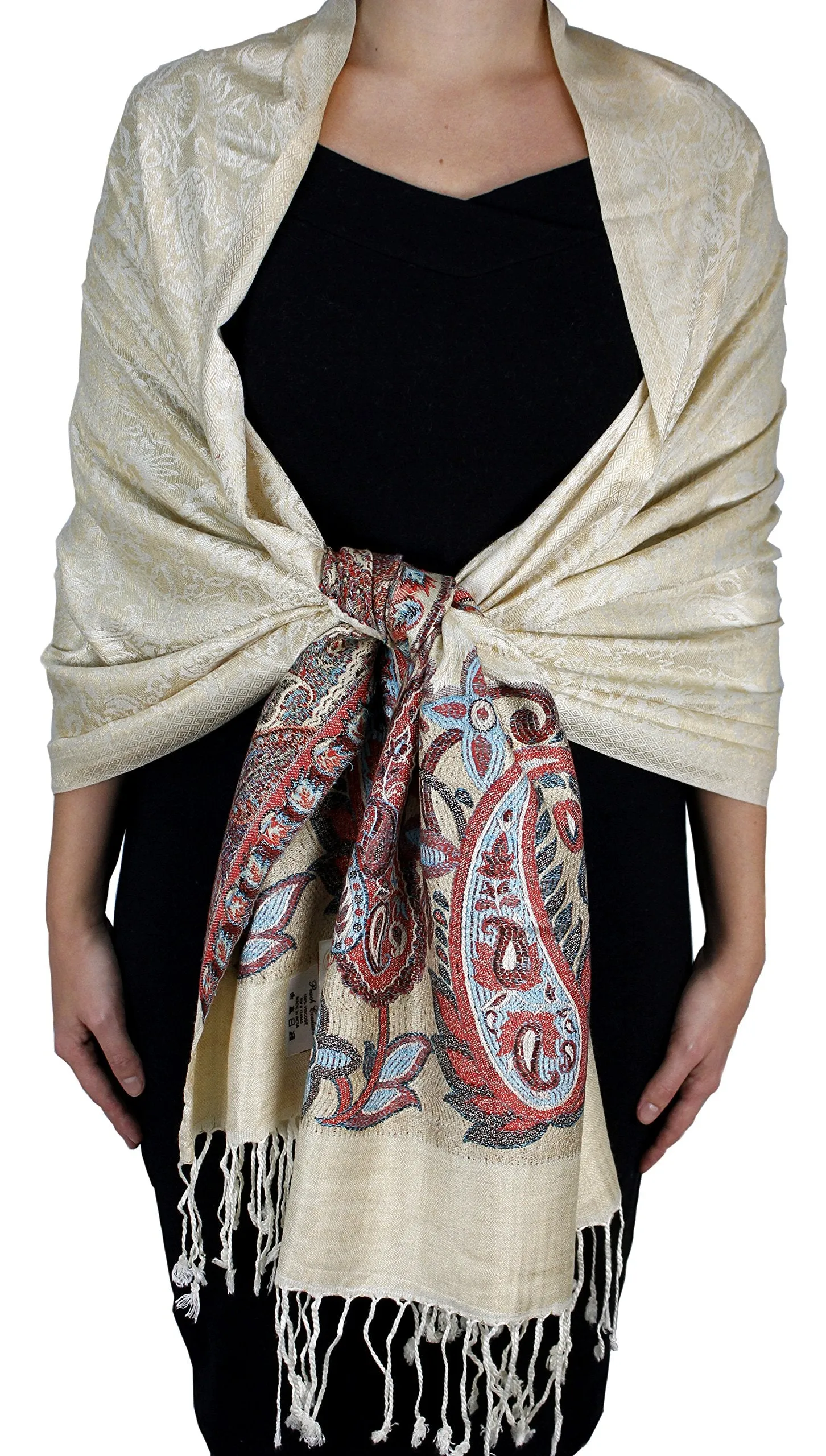 Peach Couture Exclusive Paisley Floral Border Reversible Pashmina Wrap Shawl