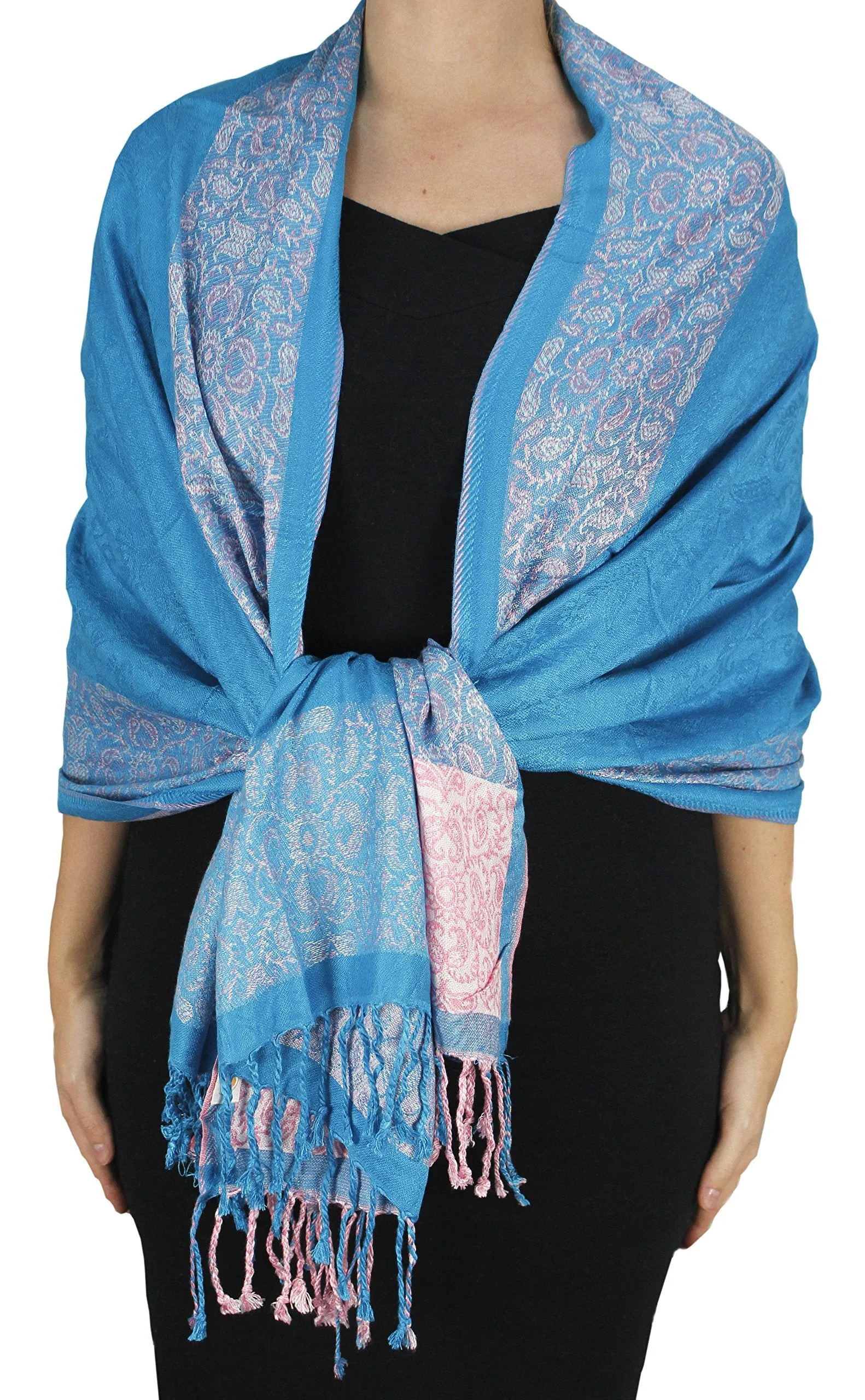 Peach Couture Exclusive Paisley Floral Border Reversible Pashmina Wrap Shawl