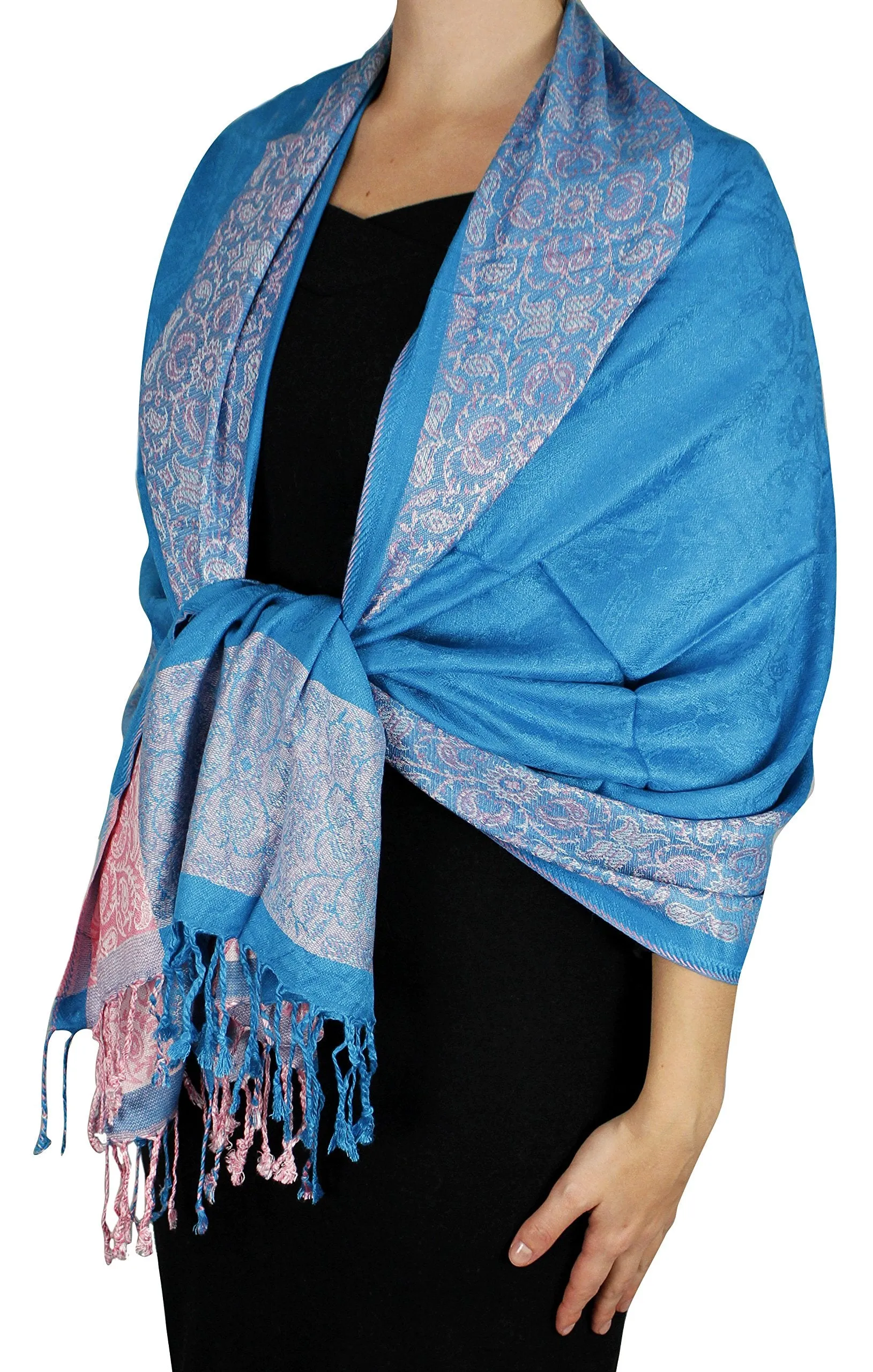 Peach Couture Exclusive Paisley Floral Border Reversible Pashmina Wrap Shawl