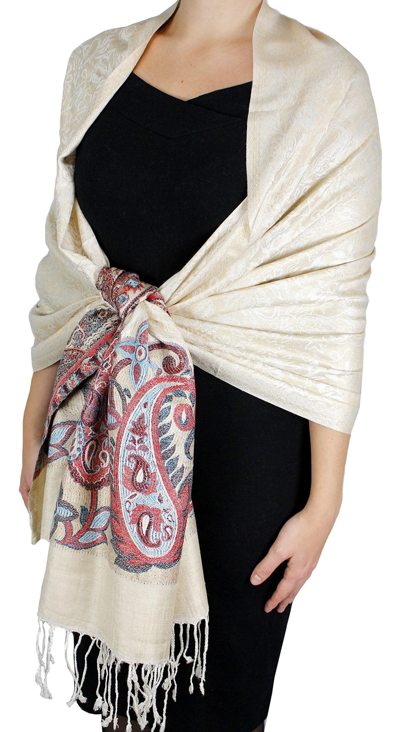 Peach Couture Exclusive Paisley Floral Border Reversible Pashmina Wrap Shawl
