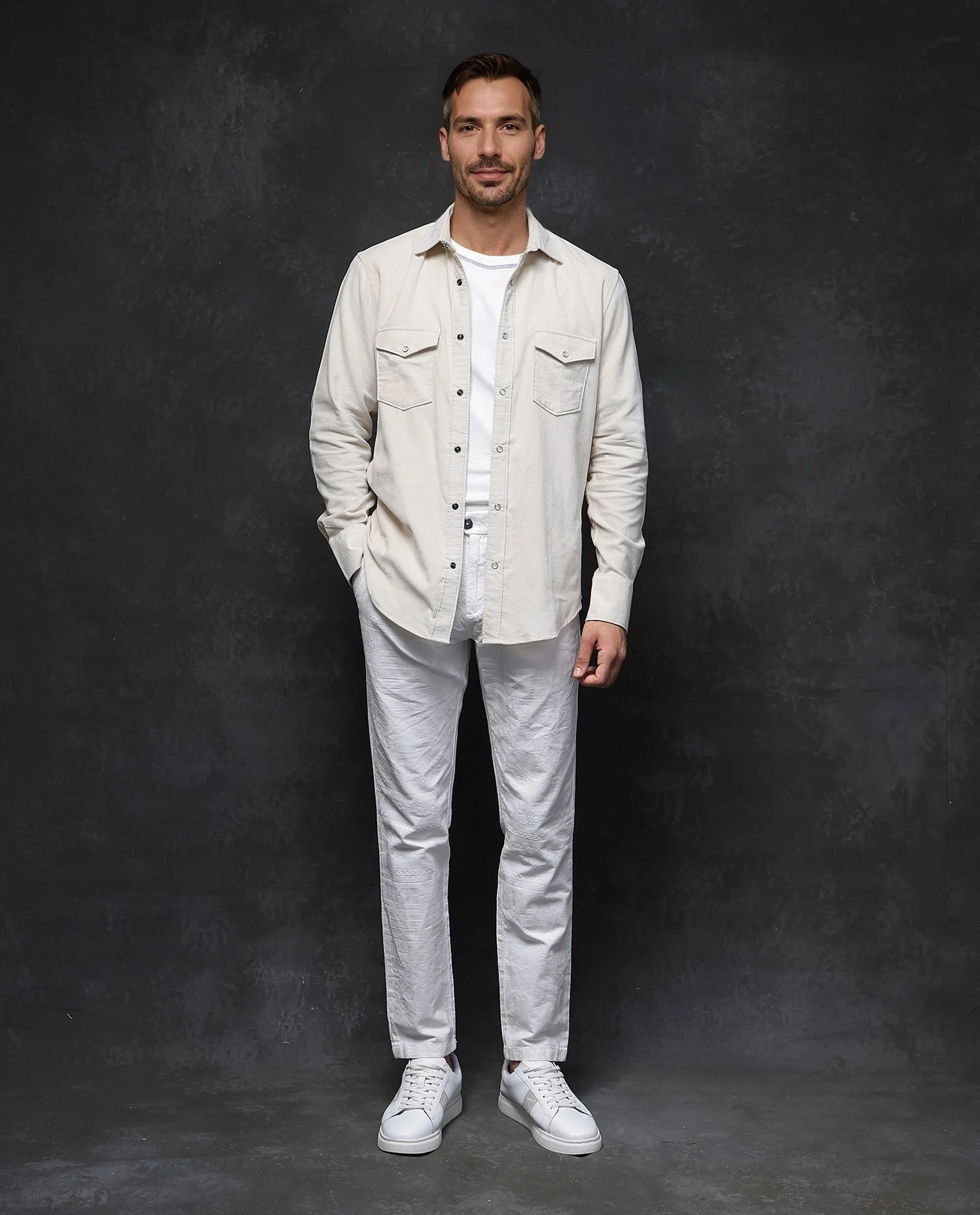 Rare Rabbit Men Cordin-2 Beige Full Sleeve Regular Collared Button Closure Double Pocketed Regular Fit Textured Shirt