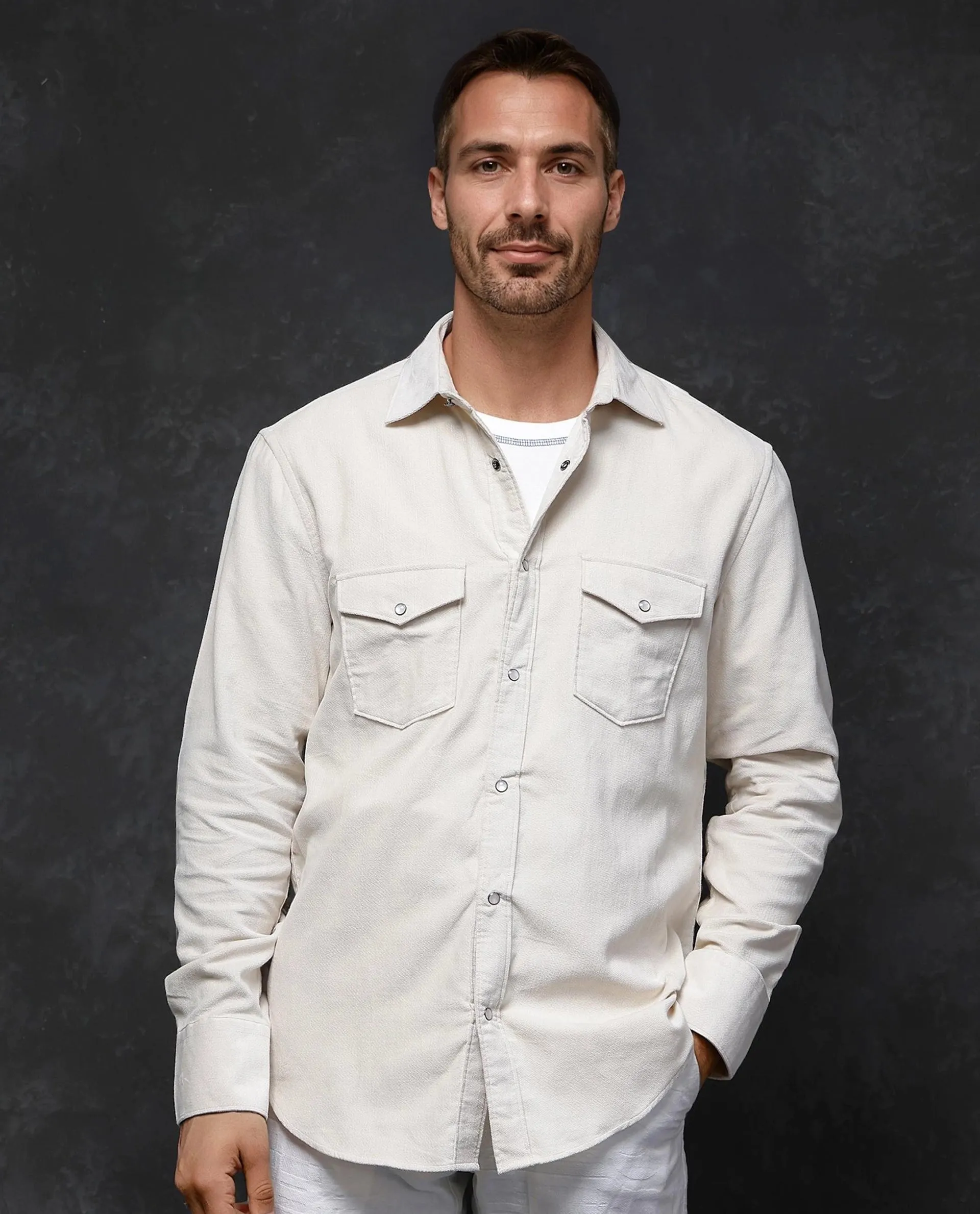Rare Rabbit Men Cordin-2 Beige Full Sleeve Regular Collared Button Closure Double Pocketed Regular Fit Textured Shirt