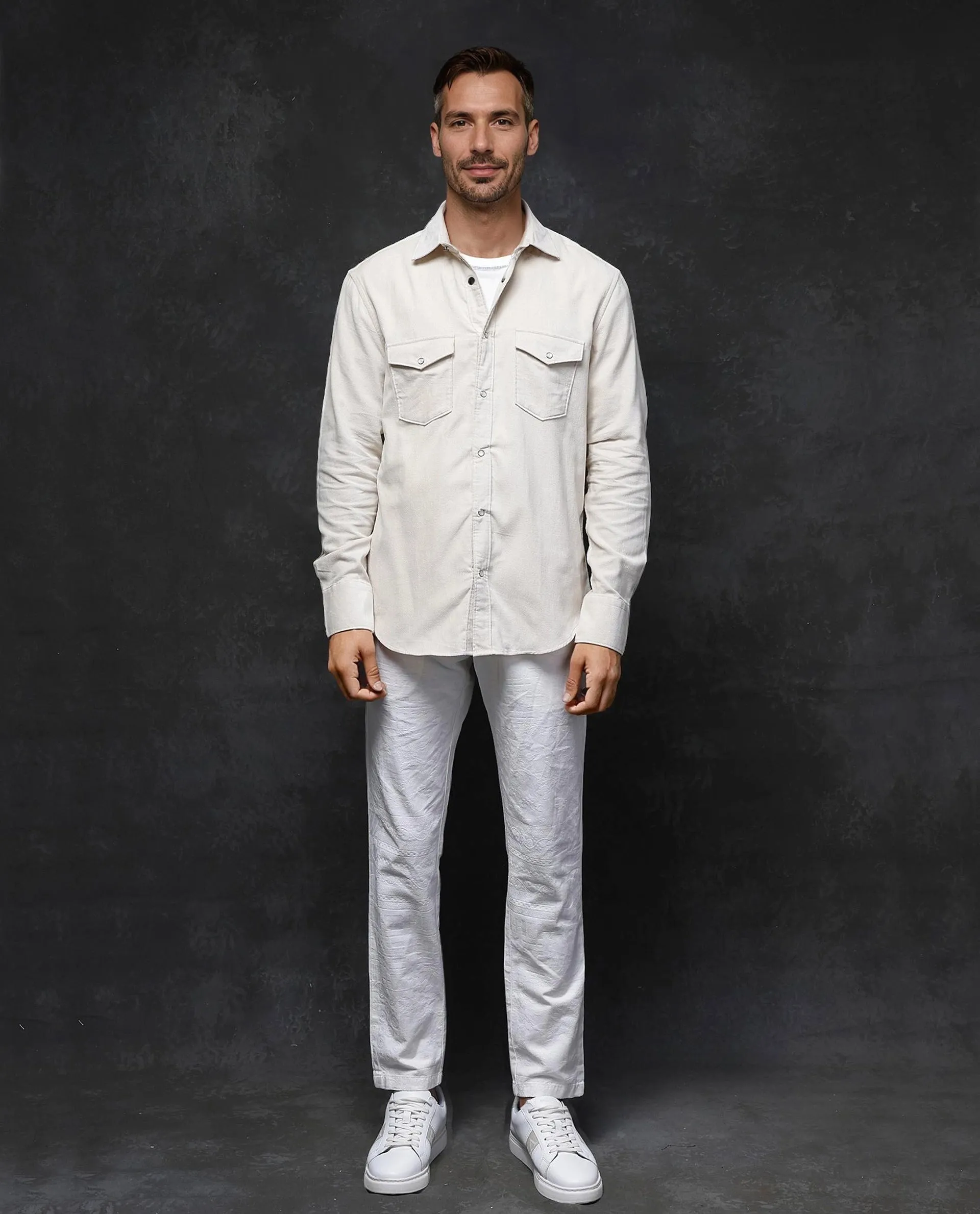 Rare Rabbit Men Cordin-2 Beige Full Sleeve Regular Collared Button Closure Double Pocketed Regular Fit Textured Shirt