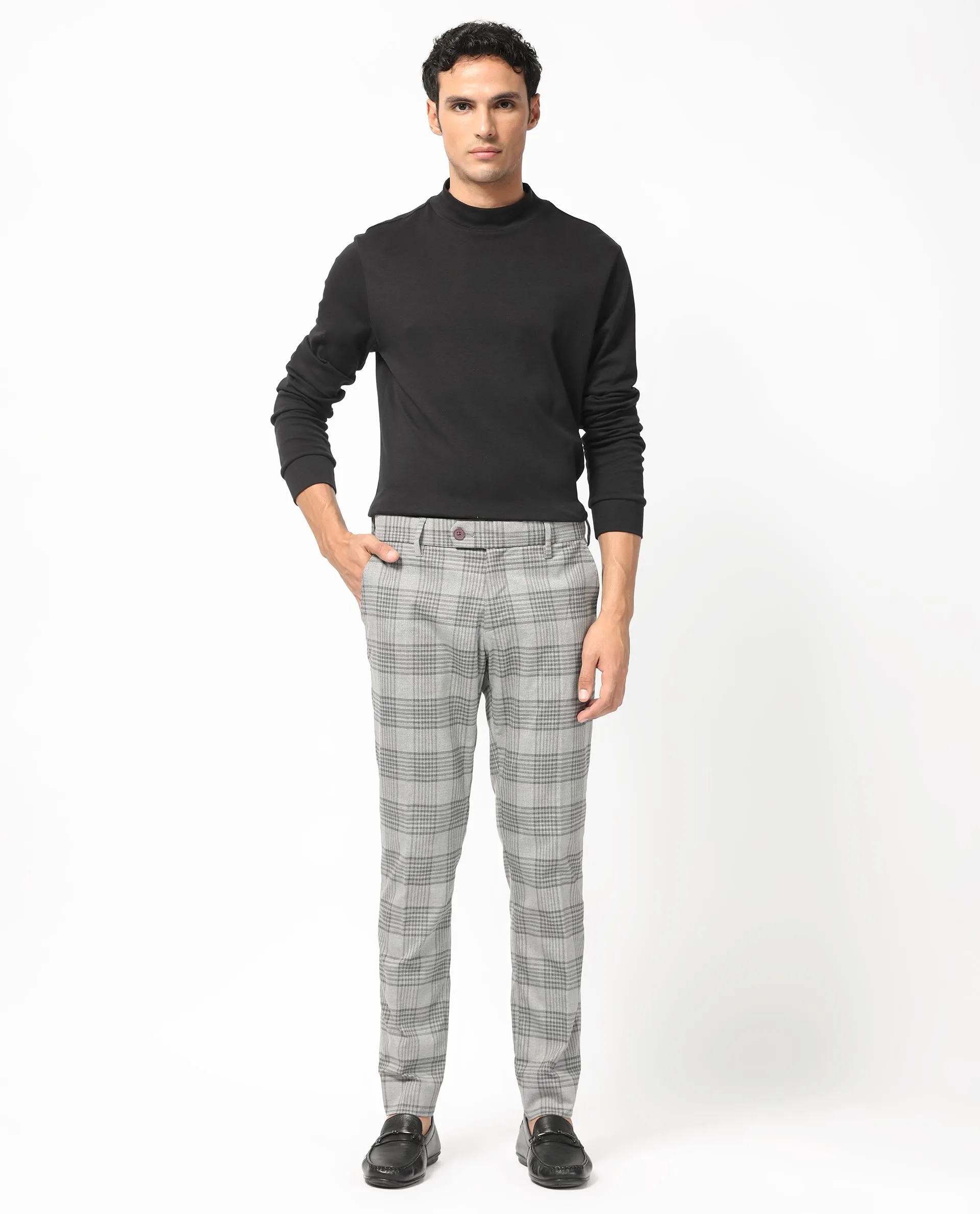 Rare Rabbit Men's Rowe Grey Mid-Rise Regular Fit Checks Trouser