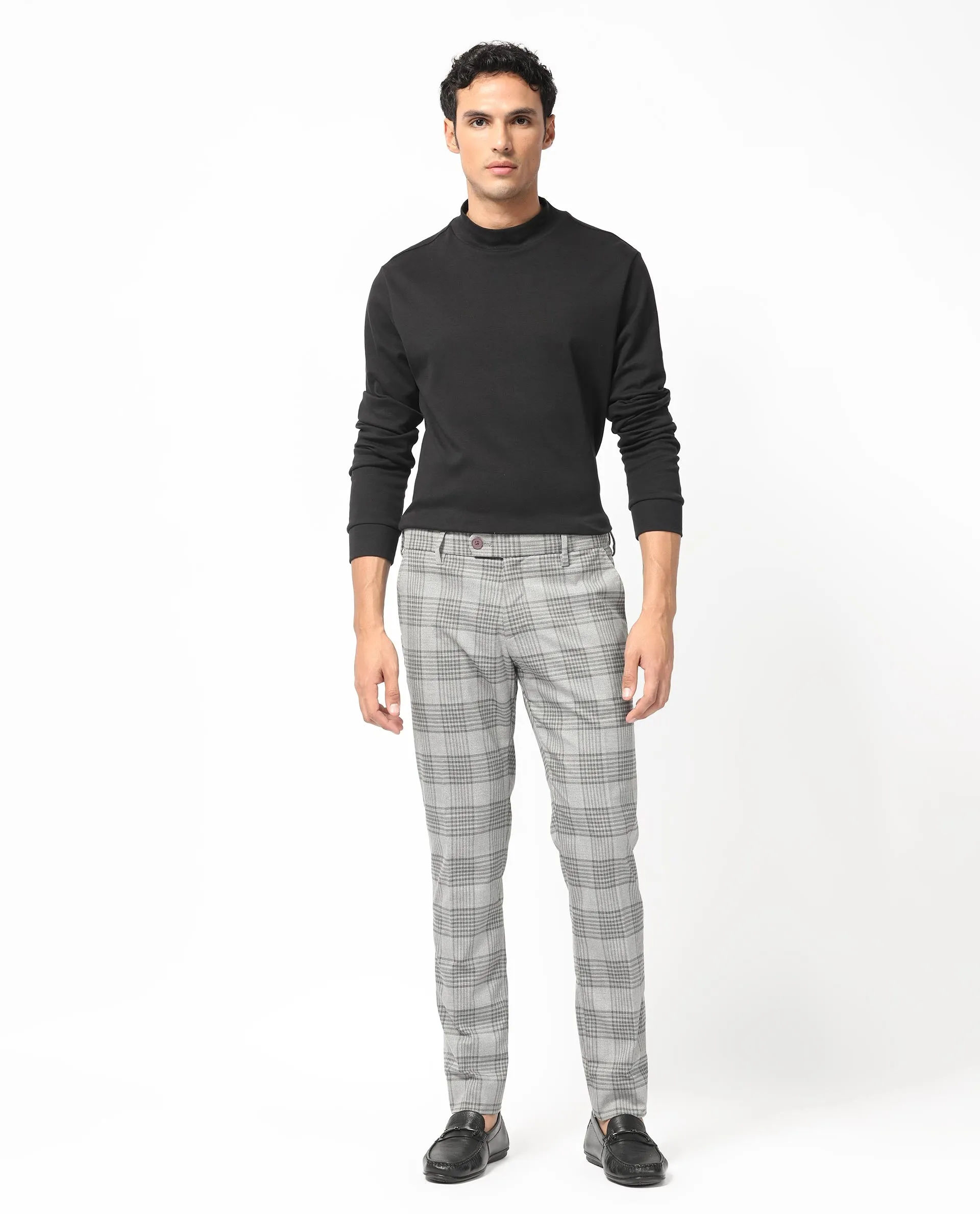 Rare Rabbit Men's Rowe Grey Mid-Rise Regular Fit Checks Trouser