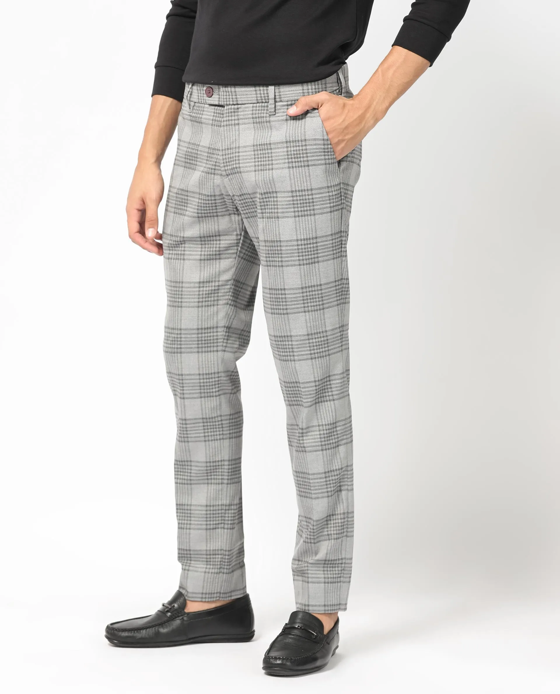 Rare Rabbit Men's Rowe Grey Mid-Rise Regular Fit Checks Trouser
