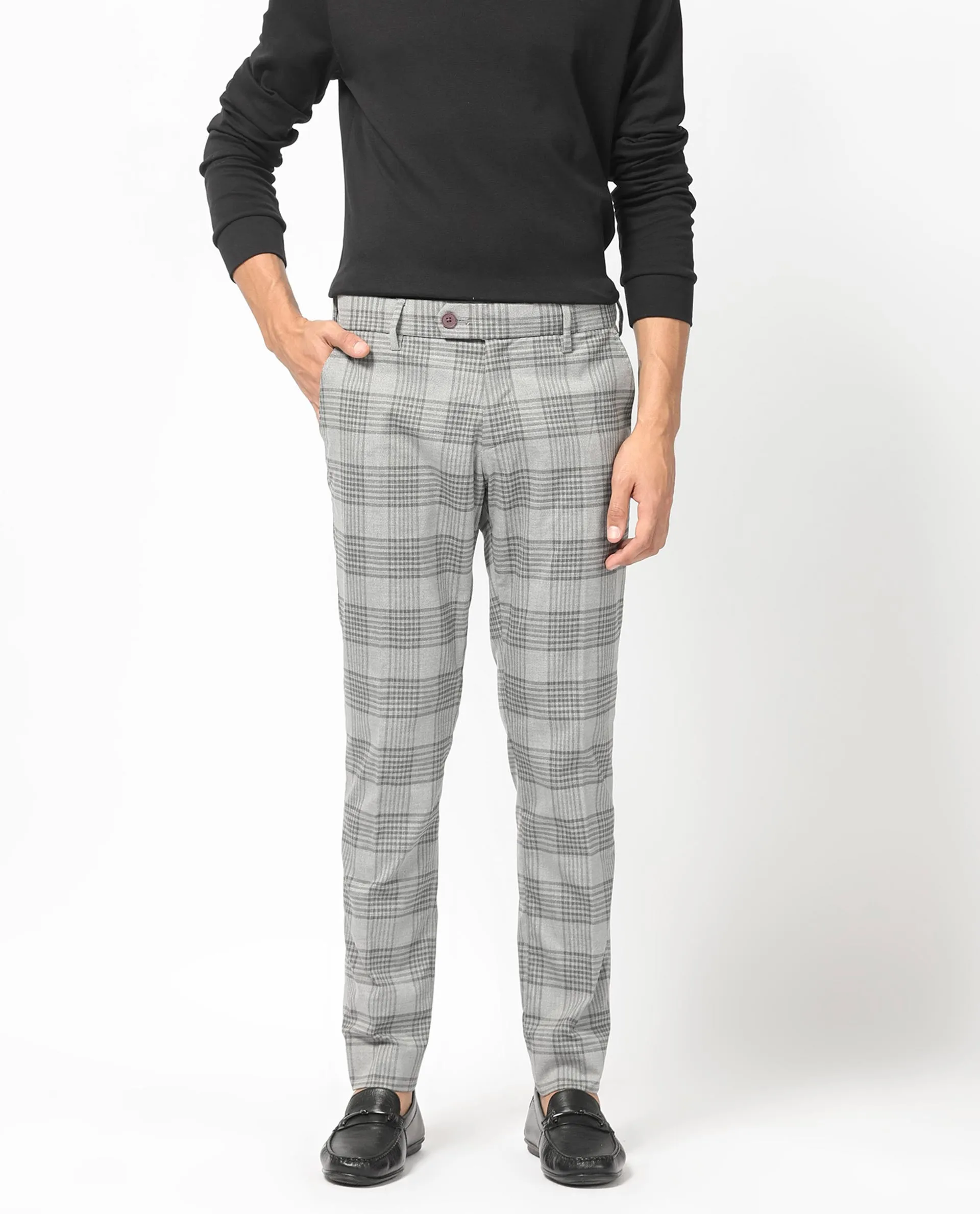 Rare Rabbit Men's Rowe Grey Mid-Rise Regular Fit Checks Trouser