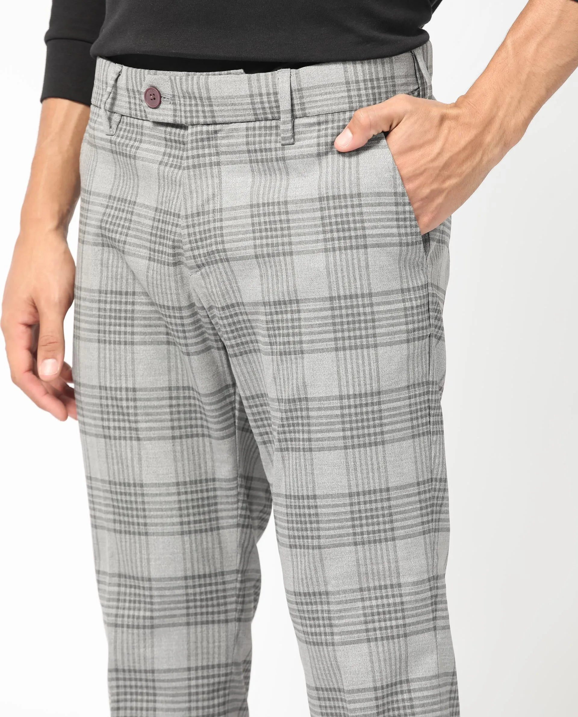 Rare Rabbit Men's Rowe Grey Mid-Rise Regular Fit Checks Trouser