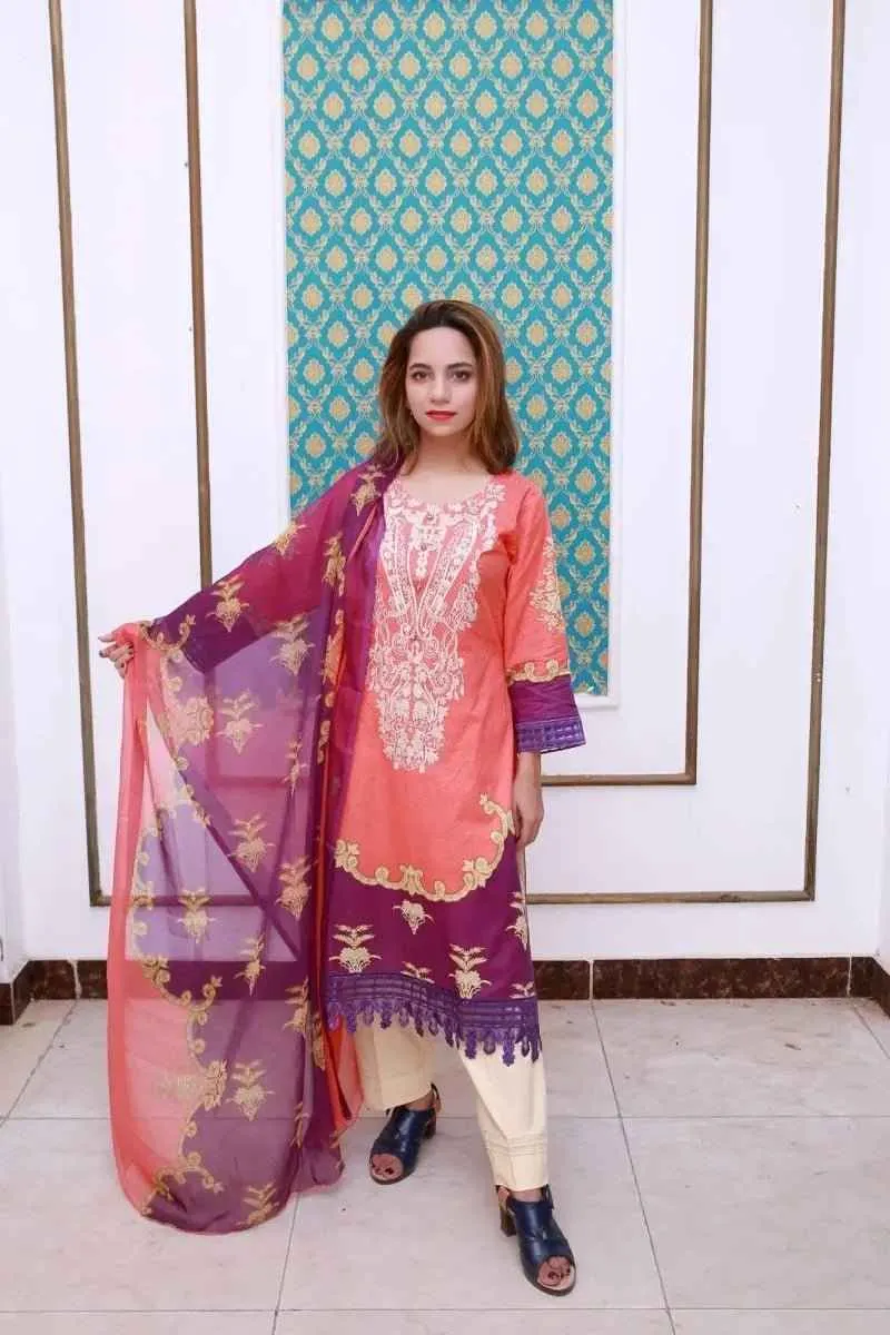 Ready to Wear Embroidered Lawn Pakistani Dresses for Women Shalwar, Kameez with Dupatta - Three Piece Set - Orange