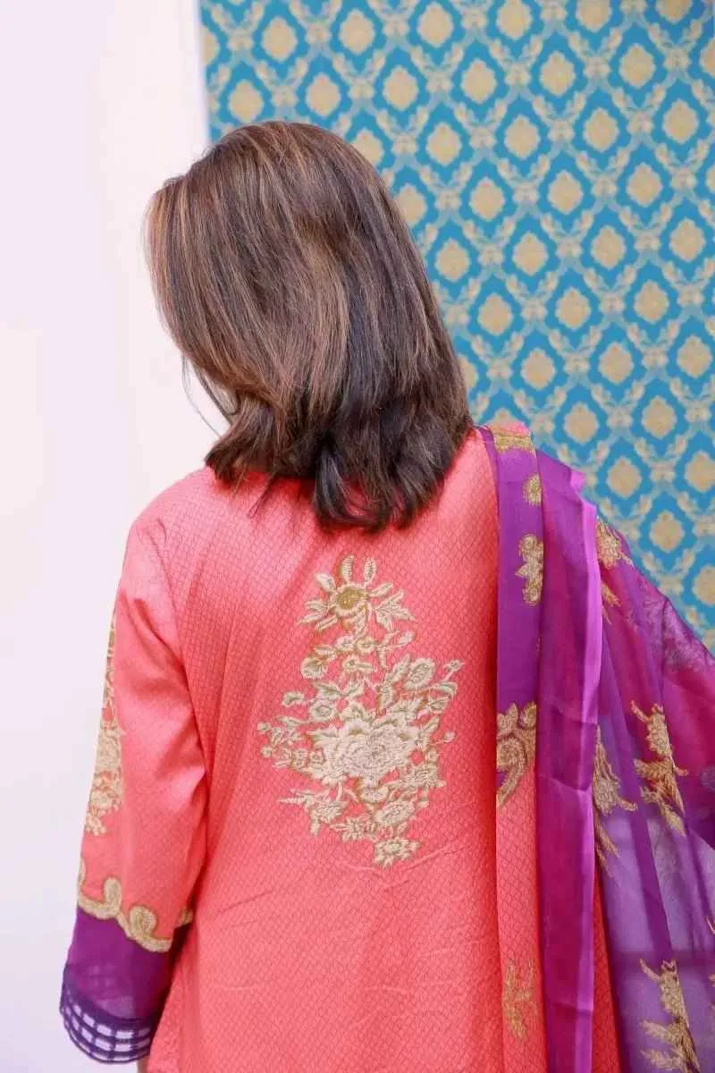 Ready to Wear Embroidered Lawn Pakistani Dresses for Women Shalwar, Kameez with Dupatta - Three Piece Set - Orange