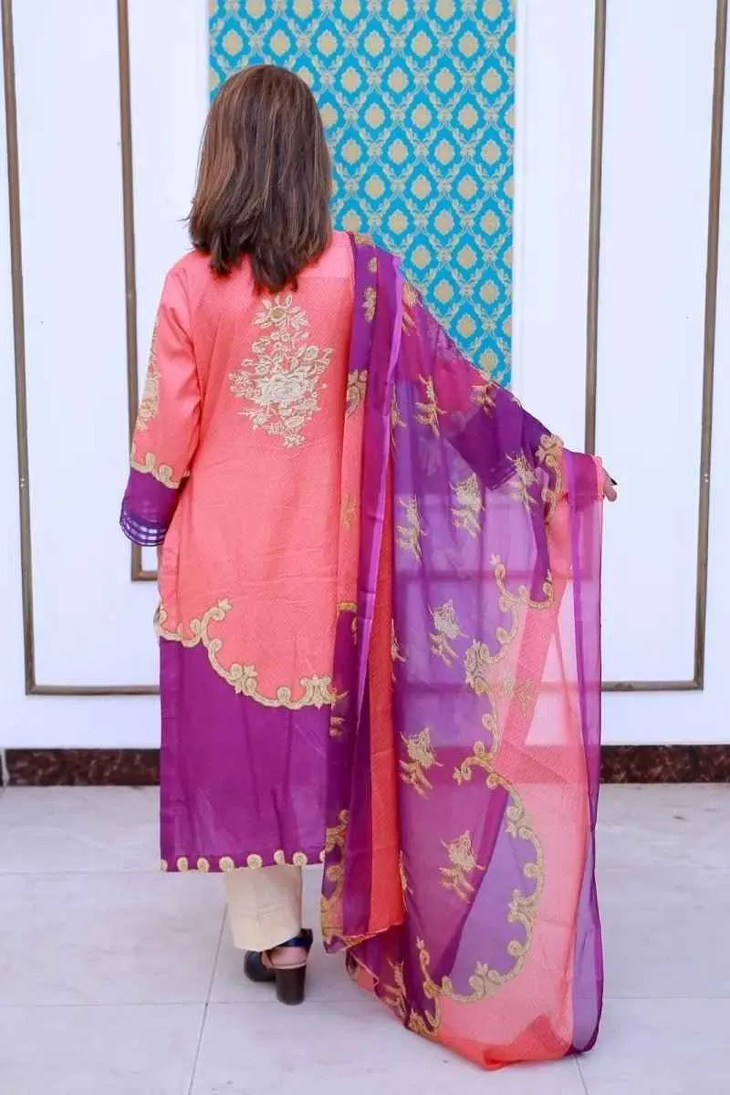 Ready to Wear Embroidered Lawn Pakistani Dresses for Women Shalwar, Kameez with Dupatta - Three Piece Set - Orange