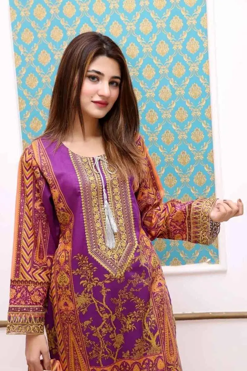 Ready to Wear Embroidered Lawn Pakistani Dresses for Women Shalwar, Kameez with Dupatta - Three Piece Set - Purple