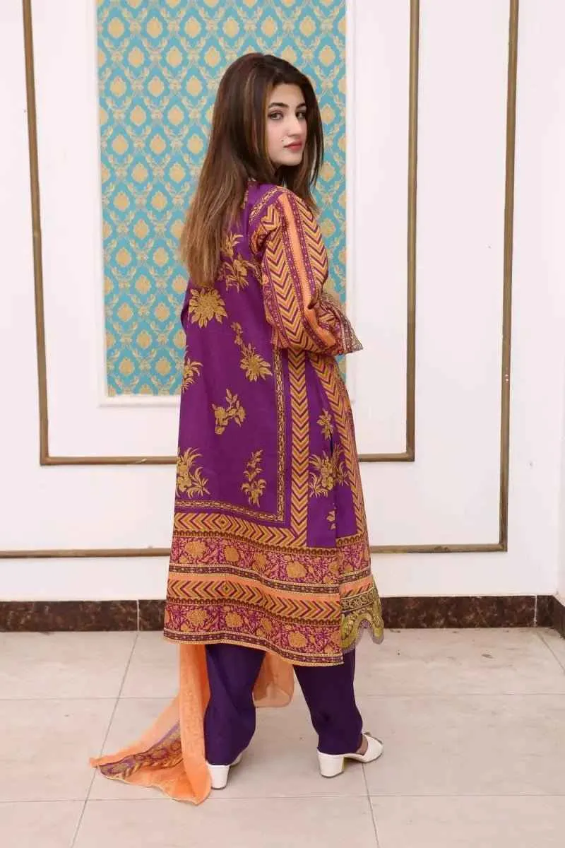 Ready to Wear Embroidered Lawn Pakistani Dresses for Women Shalwar, Kameez with Dupatta - Three Piece Set - Purple