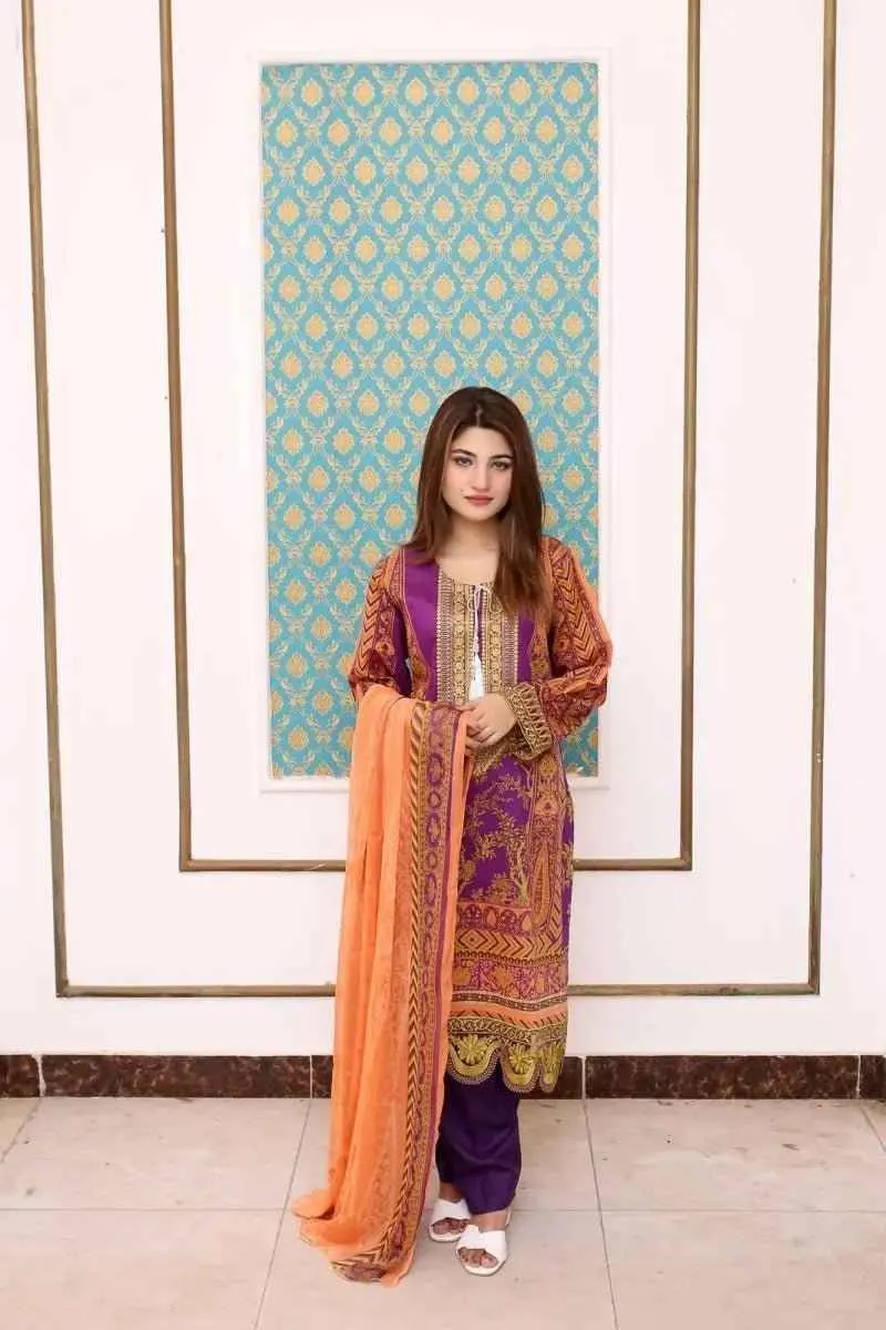 Ready to Wear Embroidered Lawn Pakistani Dresses for Women Shalwar, Kameez with Dupatta - Three Piece Set - Purple