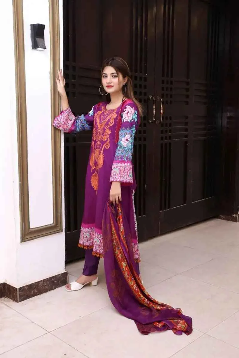 Ready to Wear Embroidered Lawn Pakistani Dresses for Women Shalwar, Kameez with Dupatta - Three Piece Set - Voilet