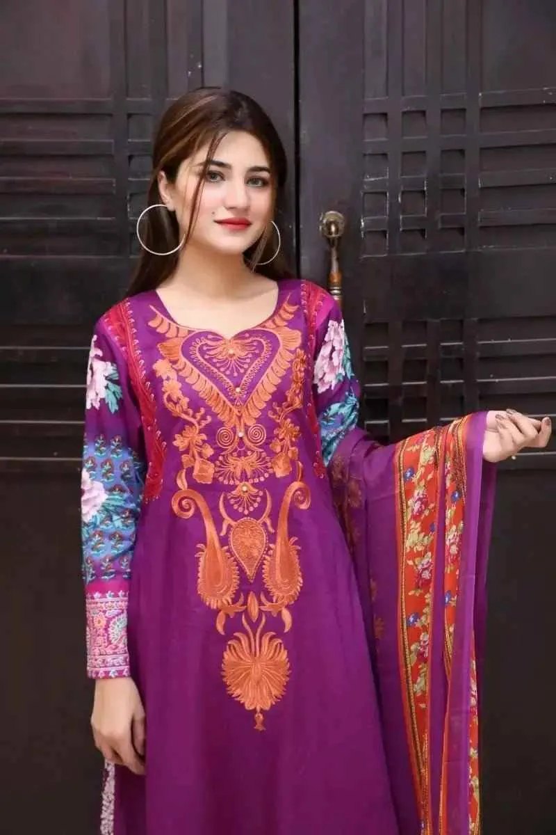Ready to Wear Embroidered Lawn Pakistani Dresses for Women Shalwar, Kameez with Dupatta - Three Piece Set - Voilet