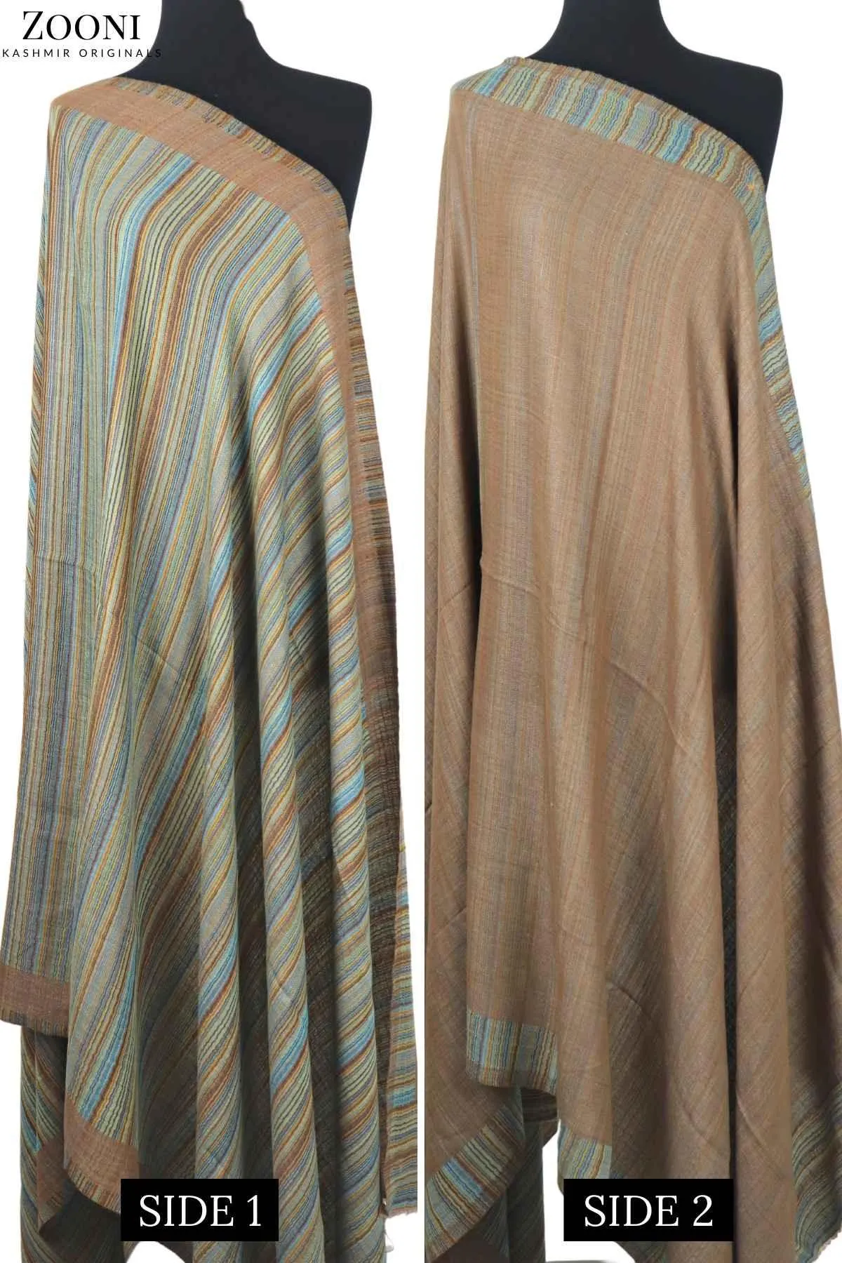 Reversible Superfine Cashmere Striped Shawl - Sandal Brown