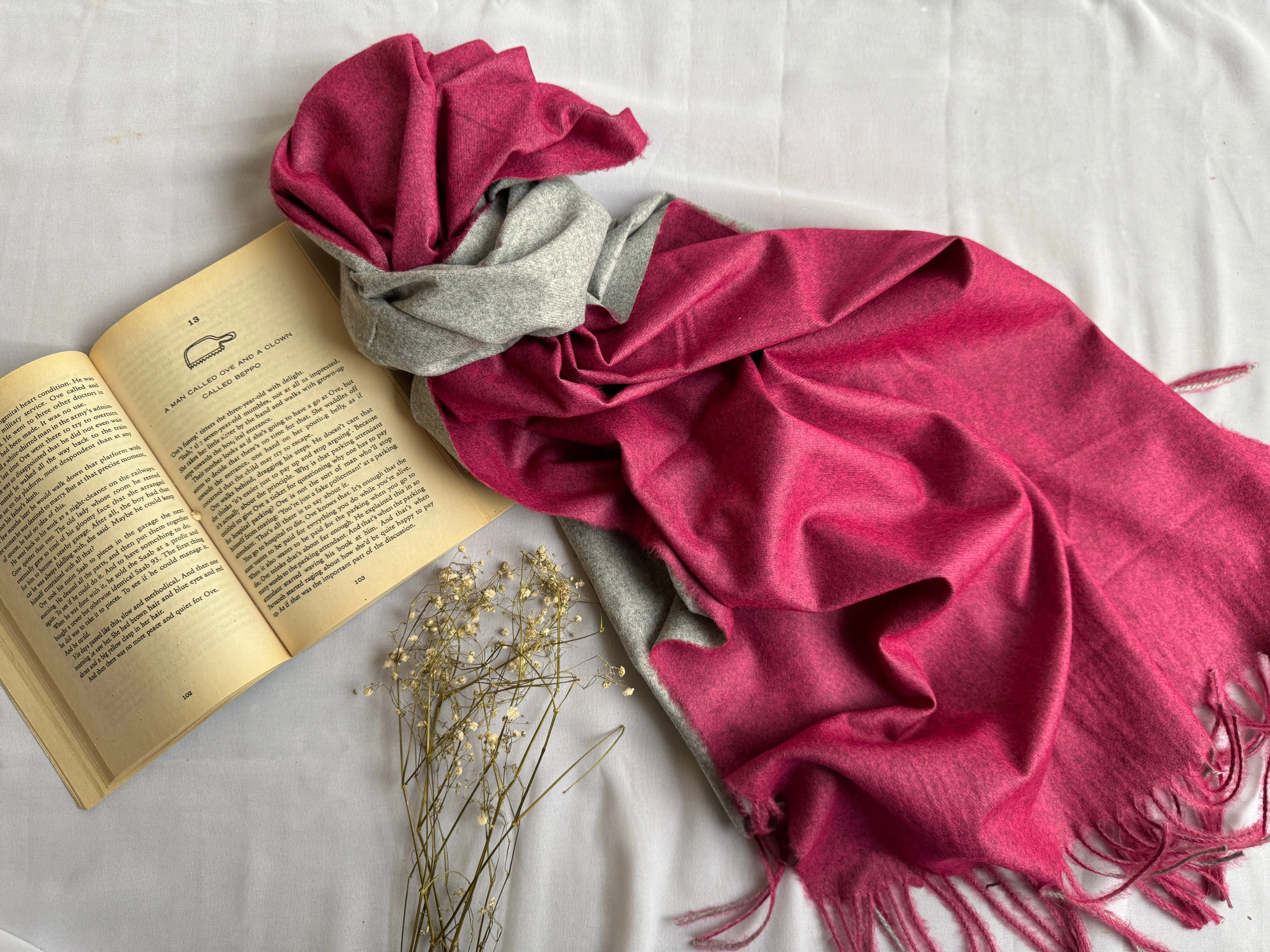 Reversible Woollen Pashmina- Bright Pink Grey