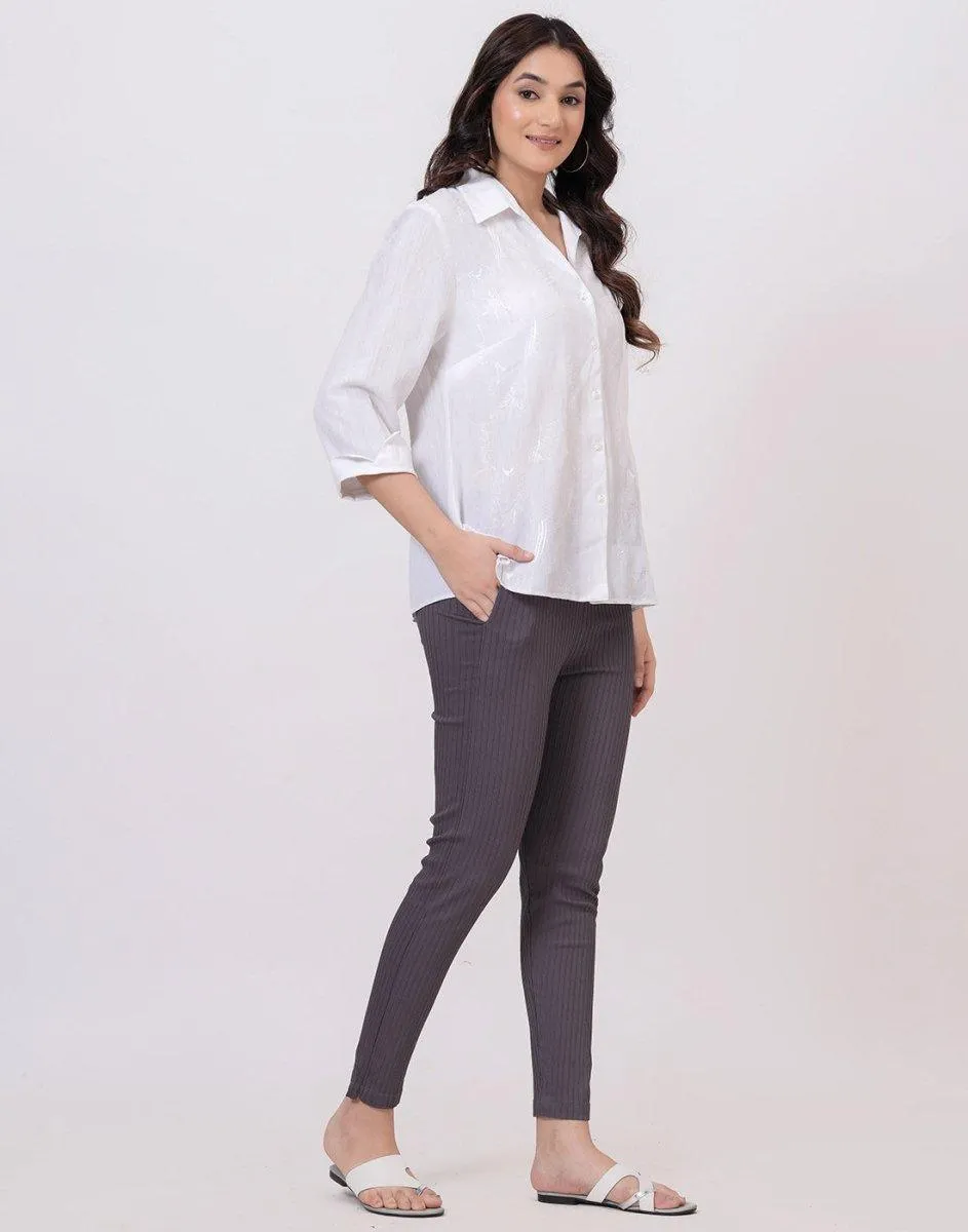 Satrangi Women's Grey Viscose Ribbed Lycra Trouser