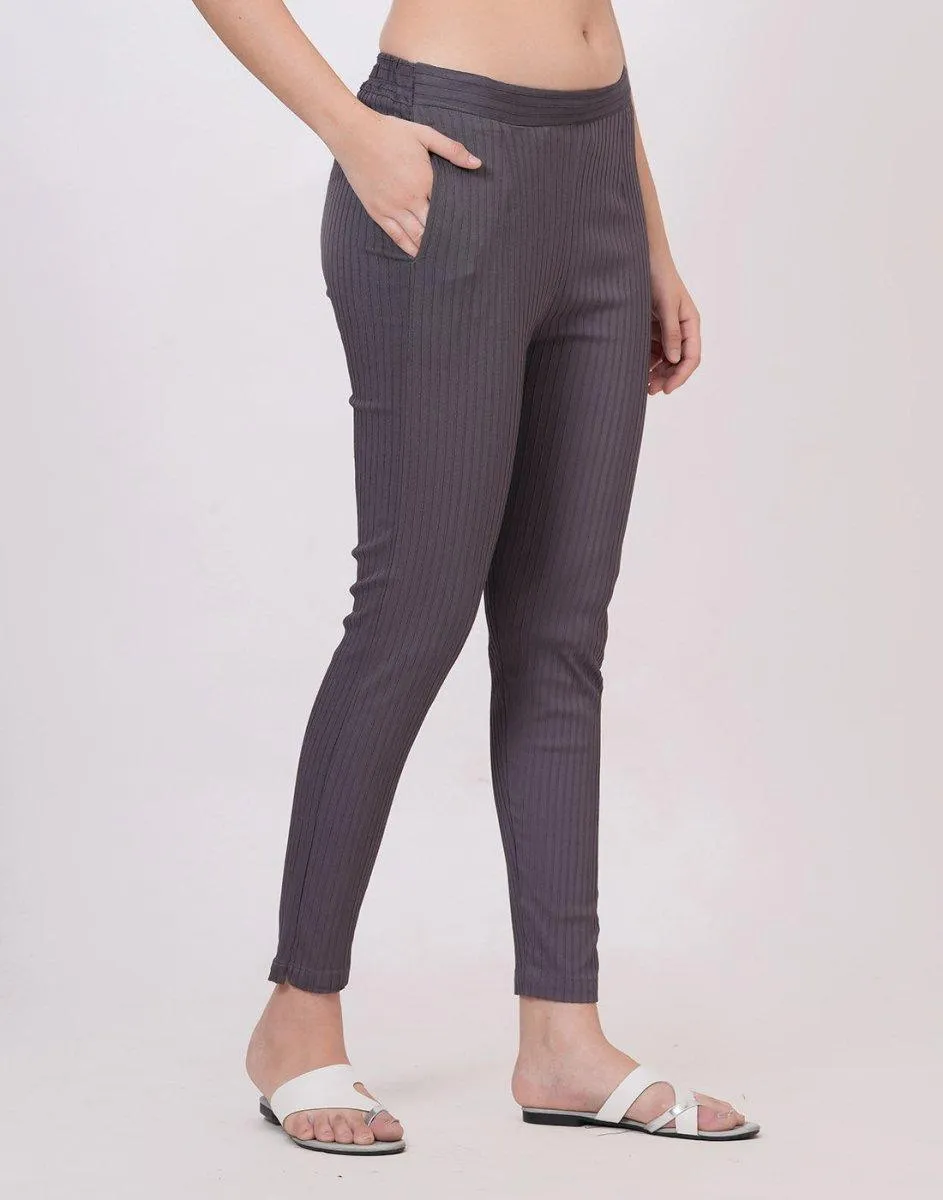 Satrangi Women's Grey Viscose Ribbed Lycra Trouser