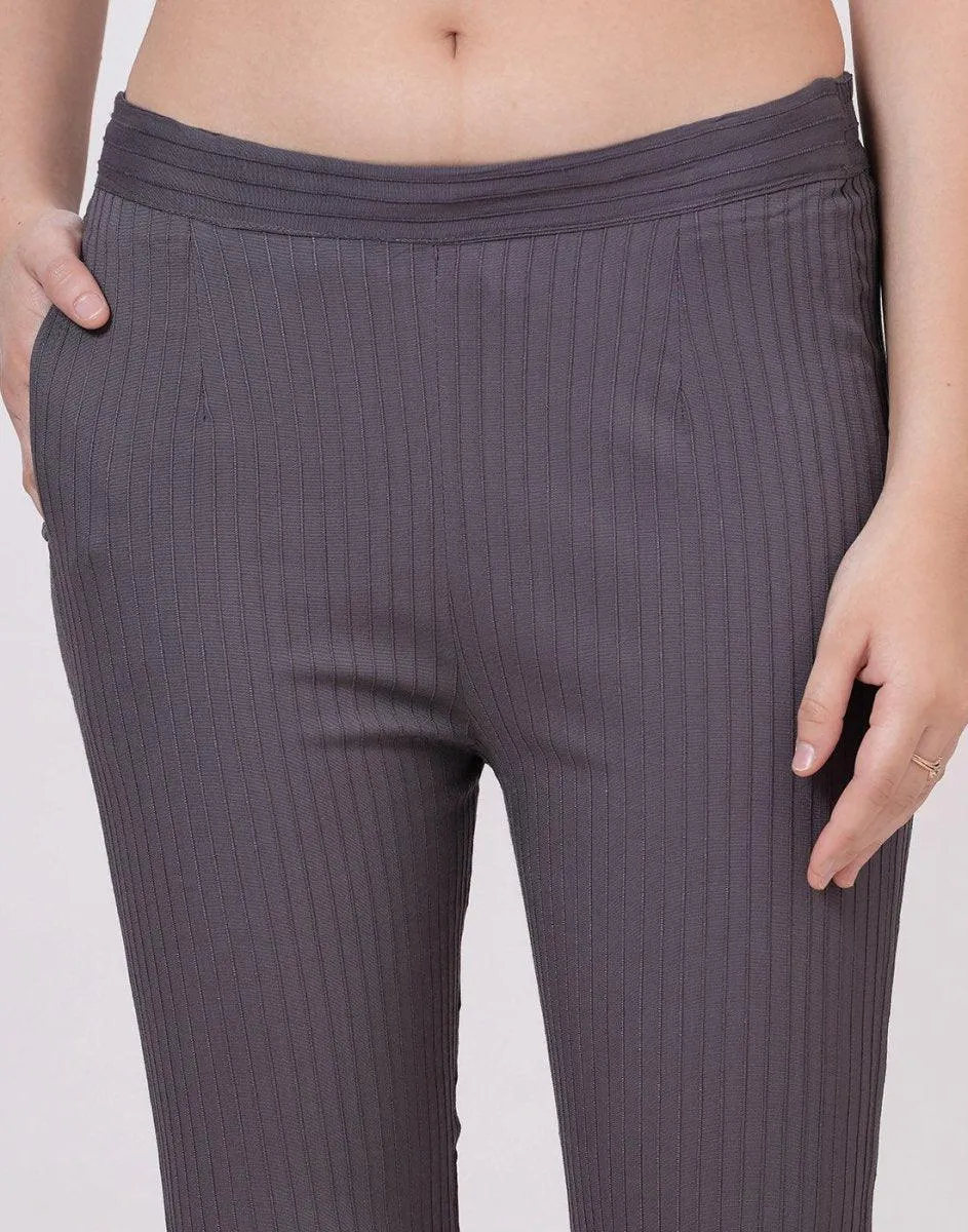 Satrangi Women's Grey Viscose Ribbed Lycra Trouser
