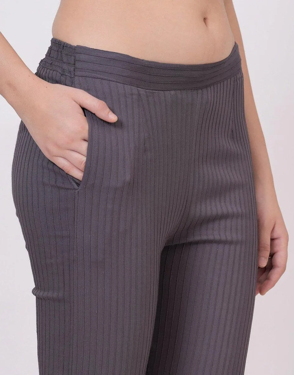 Satrangi Women's Grey Viscose Ribbed Lycra Trouser