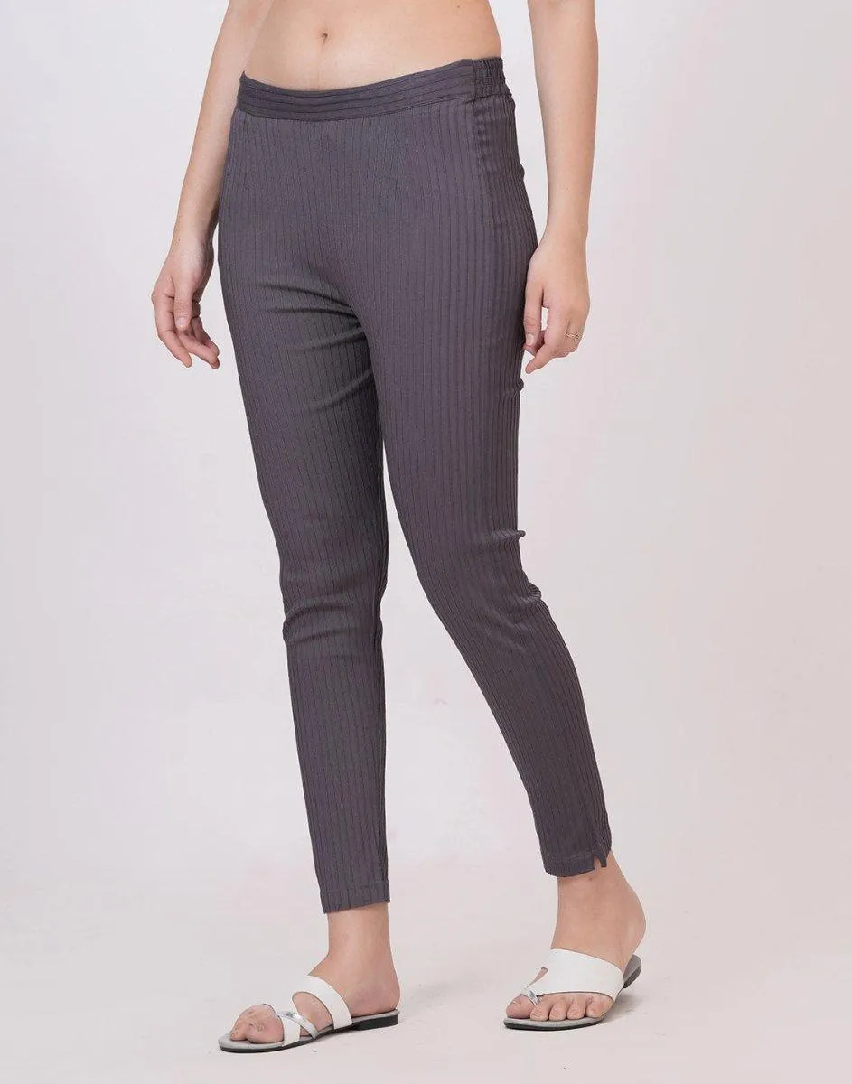 Satrangi Women's Grey Viscose Ribbed Lycra Trouser
