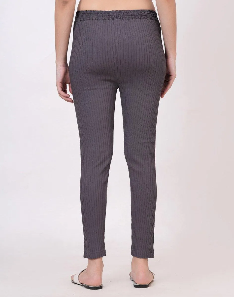 Satrangi Women's Grey Viscose Ribbed Lycra Trouser