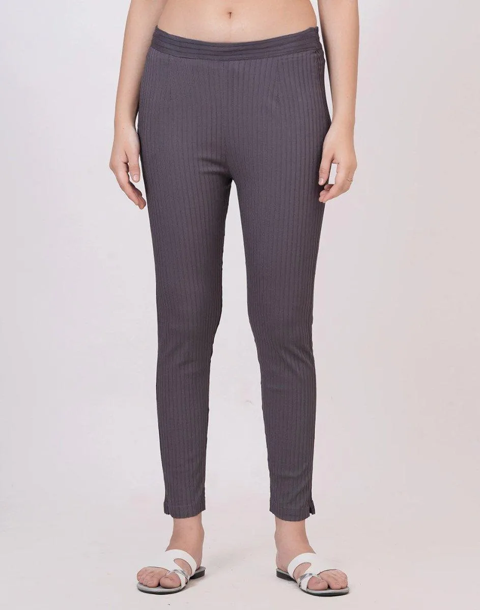 Satrangi Women's Grey Viscose Ribbed Lycra Trouser