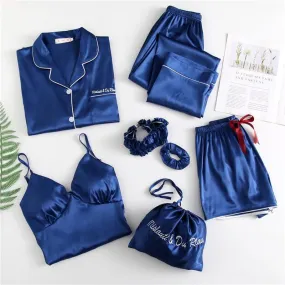 Spring Summer 7 Pcs Set Silk Elegant  Women Pajamas Solid Shorts Long Sleeve Top Elastic Waist Pants Sleepwear with Chest Pad