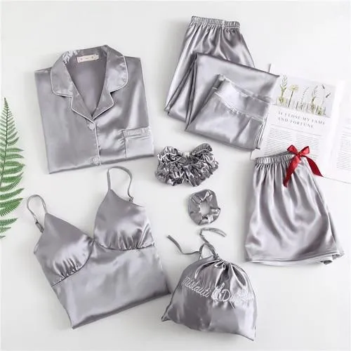 Spring Summer 7 Pcs Set Silk Elegant  Women Pajamas Solid Shorts Long Sleeve Top Elastic Waist Pants Sleepwear with Chest Pad