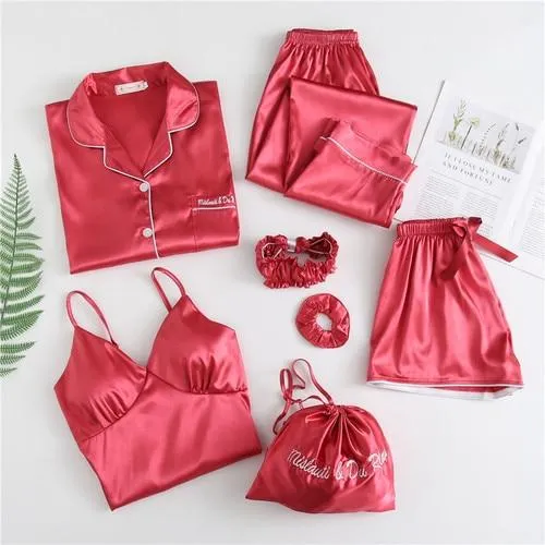 Spring Summer 7 Pcs Set Silk Elegant  Women Pajamas Solid Shorts Long Sleeve Top Elastic Waist Pants Sleepwear with Chest Pad
