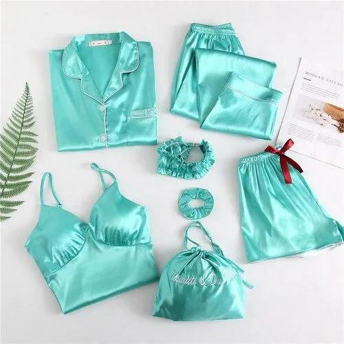 Spring Summer 7 Pcs Set Silk Elegant  Women Pajamas Solid Shorts Long Sleeve Top Elastic Waist Pants Sleepwear with Chest Pad
