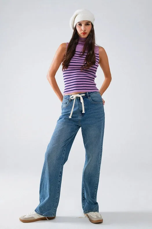 Striped Turtle Neck Tank Top in Lavander