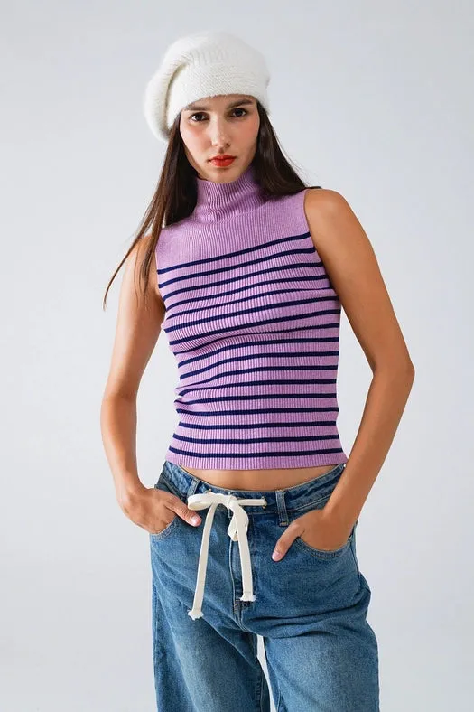 Striped Turtle Neck Tank Top in Lavander