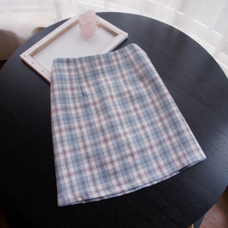 Summer Smog Blue Korean Chequered Short Hip Flattering A-Line High Waist Mid-Length Skirt