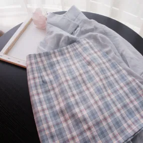 Summer Smog Blue Korean Chequered Short Hip Flattering A-Line High Waist Mid-Length Skirt