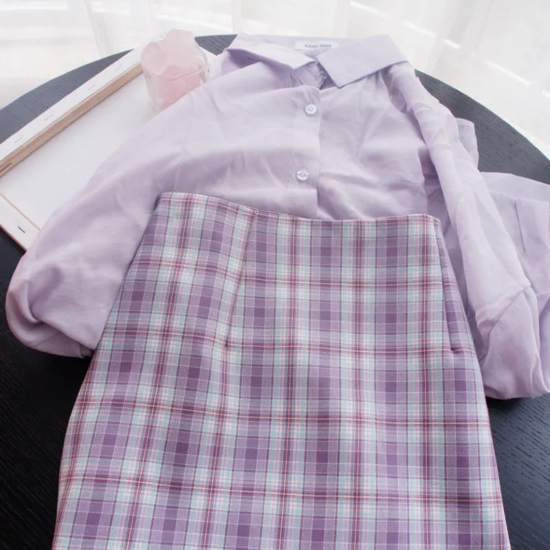 Summer Smog Blue Korean Chequered Short Hip Flattering A-Line High Waist Mid-Length Skirt