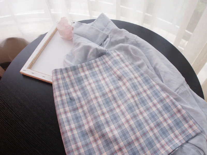Summer Smog Blue Korean Chequered Short Hip Flattering A-Line High Waist Mid-Length Skirt