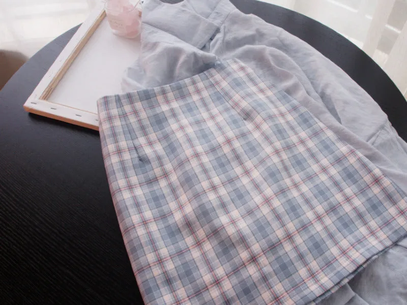 Summer Smog Blue Korean Chequered Short Hip Flattering A-Line High Waist Mid-Length Skirt
