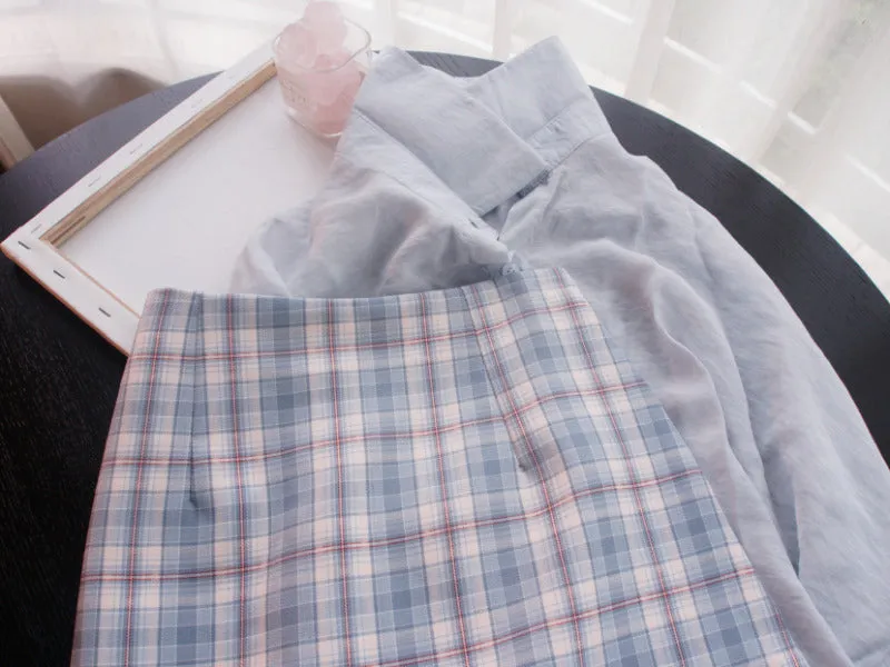 Summer Smog Blue Korean Chequered Short Hip Flattering A-Line High Waist Mid-Length Skirt