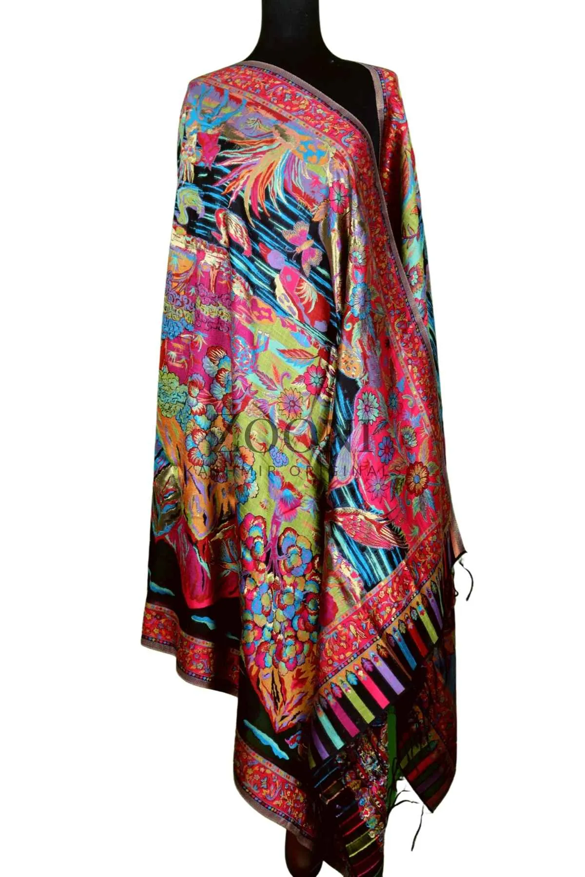 Superfine Kaani Jaamawar Silk Summer Shawl - Forest Contrast