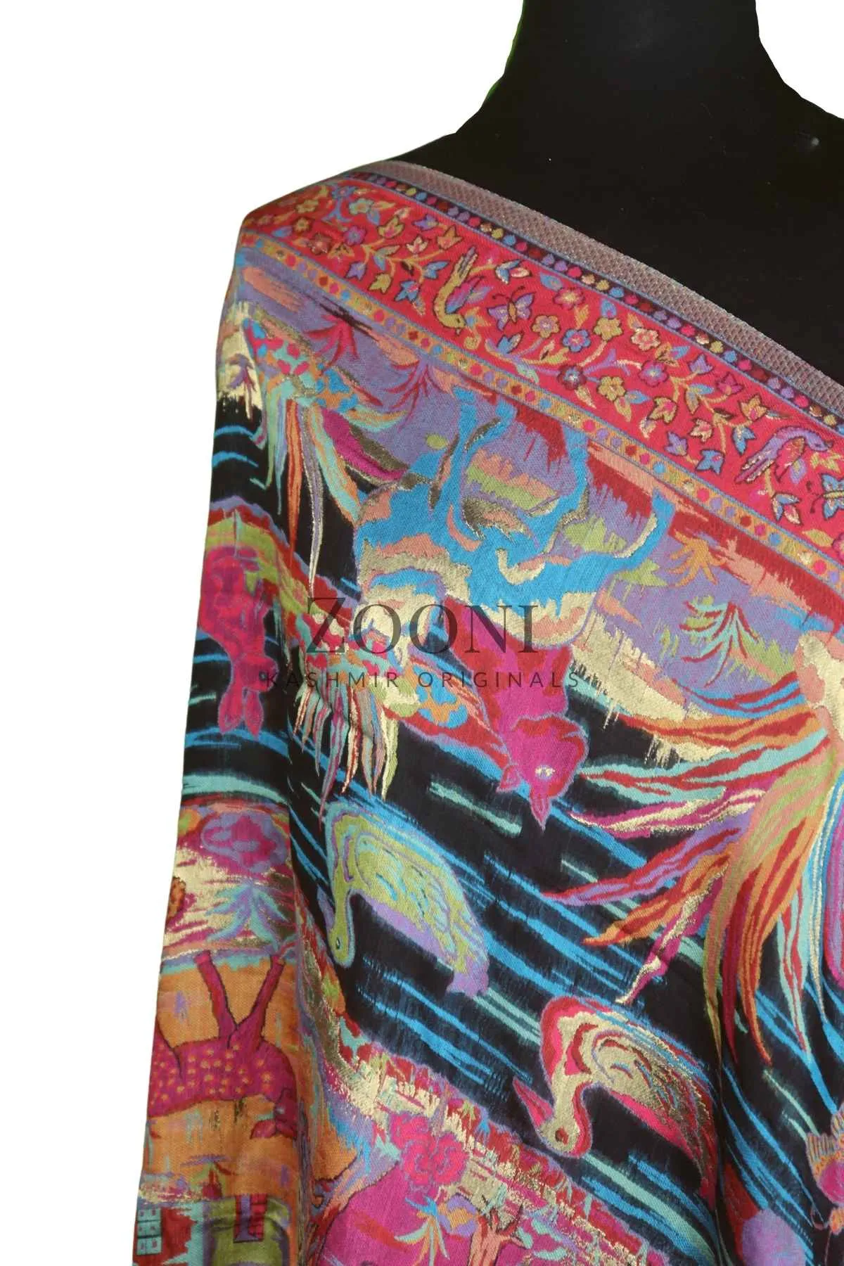 Superfine Kaani Jaamawar Silk Summer Shawl - Forest Contrast