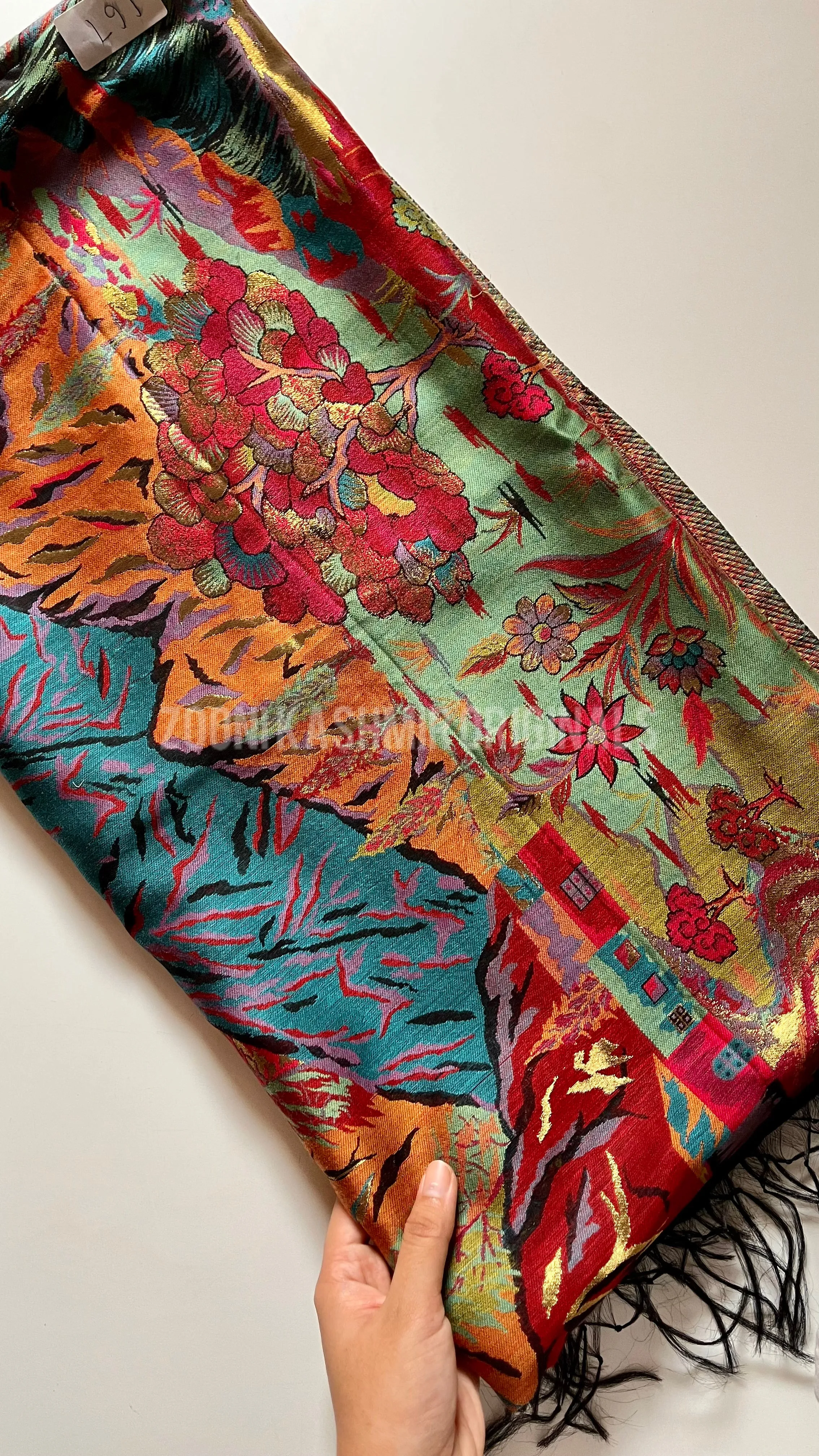 Superfine Kaani Jaamawar Silk Summer Shawl - Forest Contrast