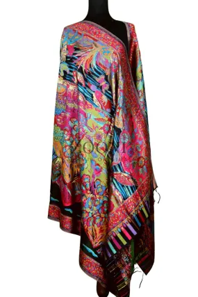 Superfine Kaani Jaamawar Silk Summer Shawl - Forest Contrast