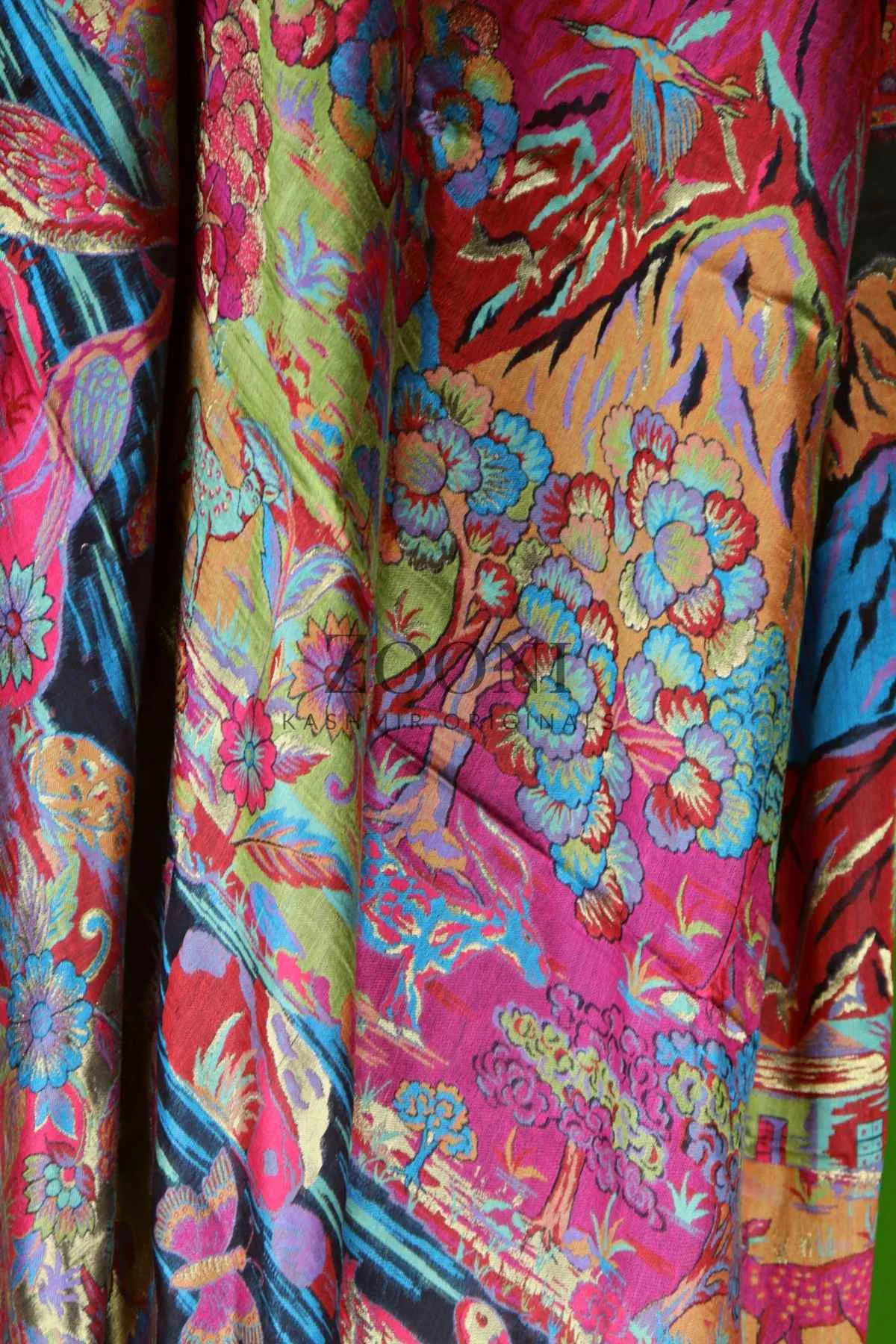 Superfine Kaani Jaamawar Silk Summer Shawl - Forest Contrast