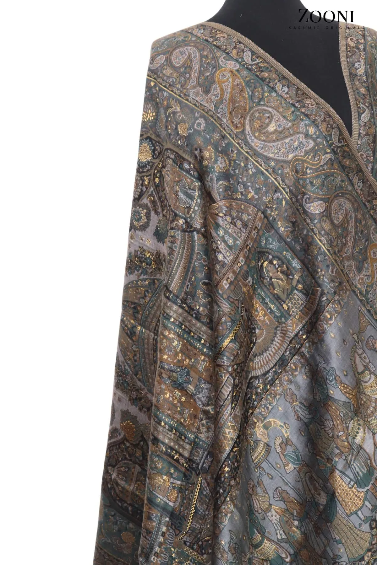 Superfine Kaani Jaamawar Silk Summer Shawl - Grey Mughlia